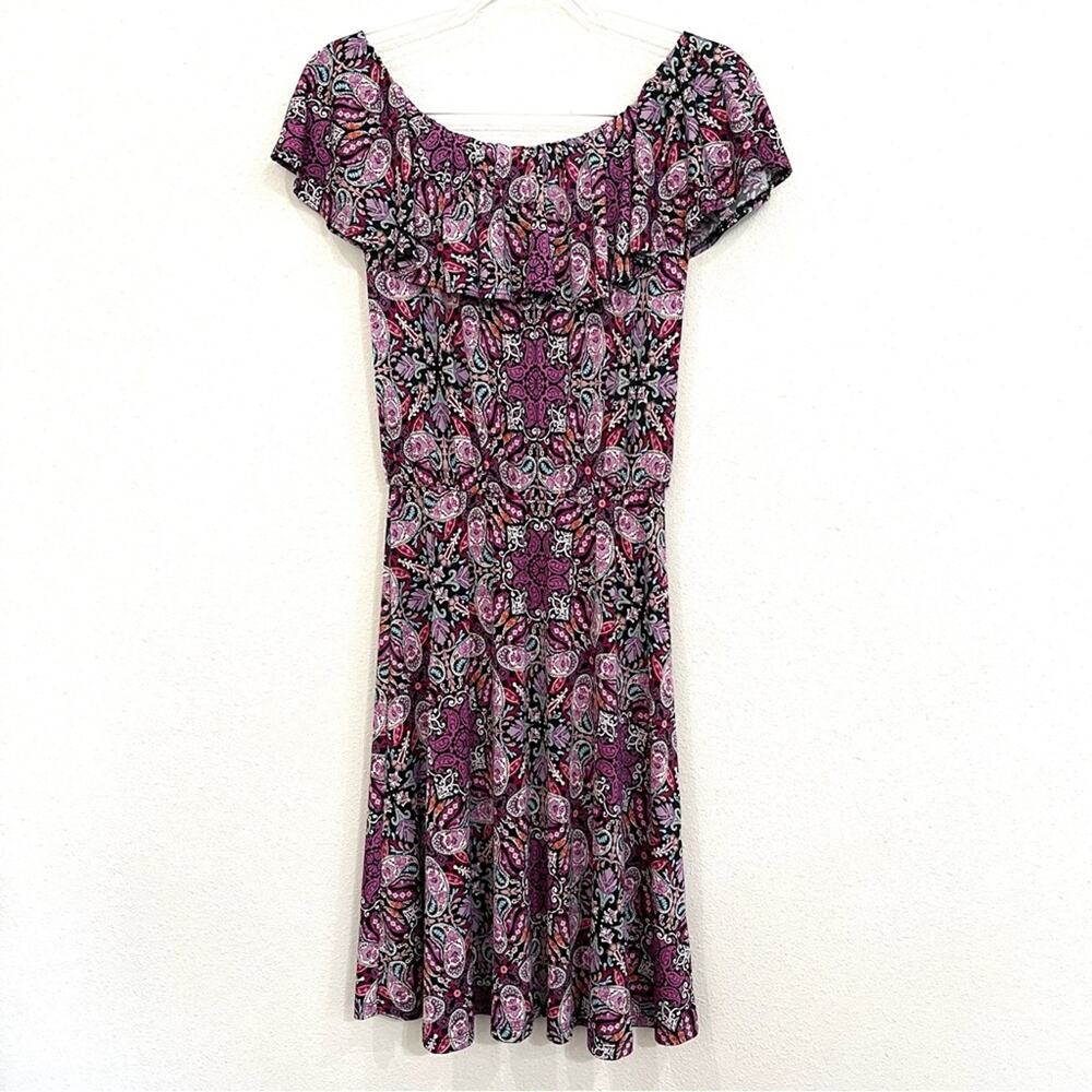 Verse Off Shoulder Purple Paisley & Floral Print Stretch Knit Dress - Small